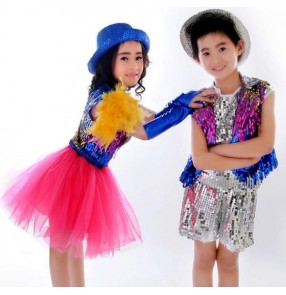 Fuchsia hot pink sequined boys girls kids children toddlers modern jazz dance ds stage performance school t show dance outfits costumes